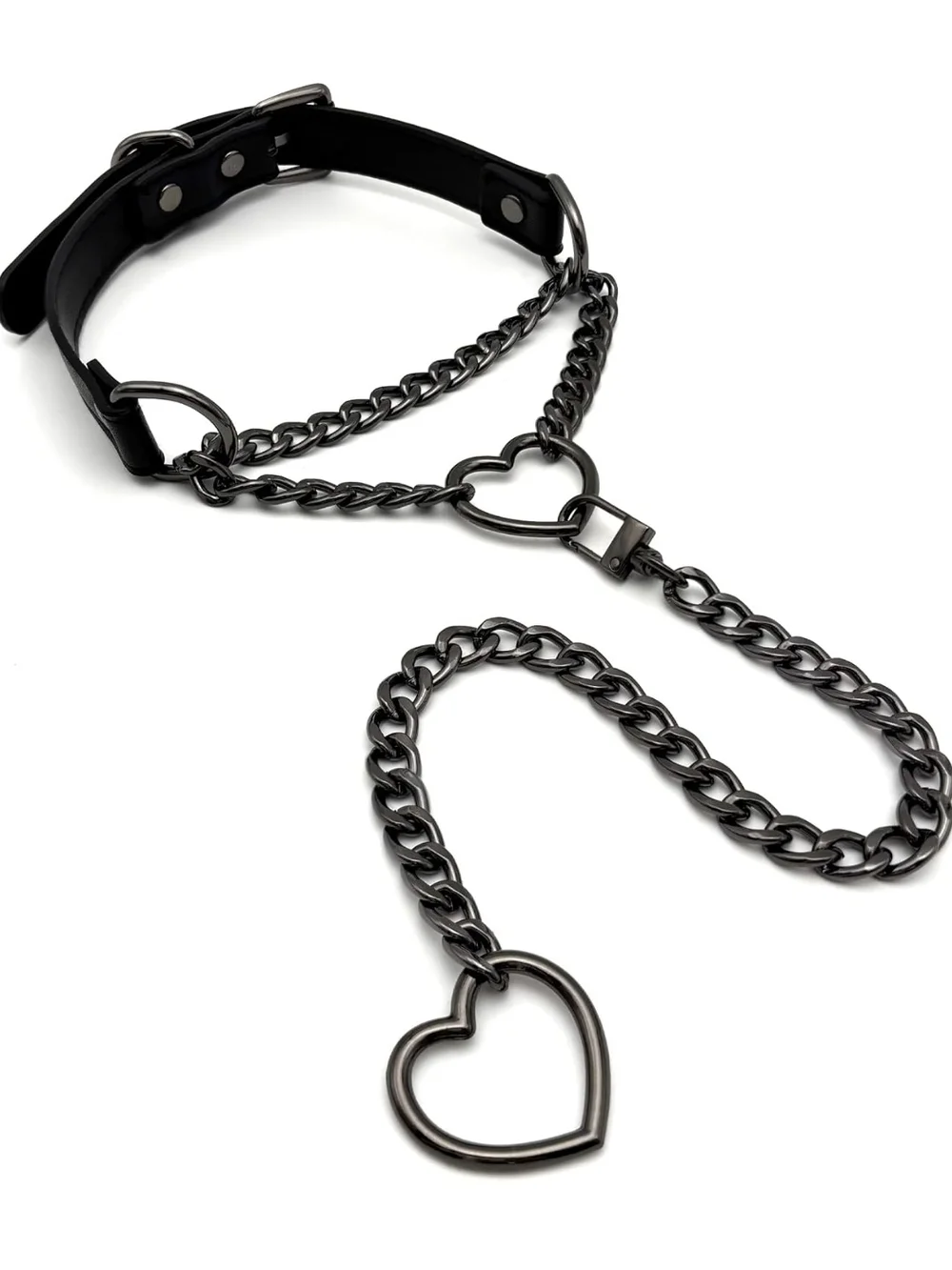 Heart Chain Leather Collar - Black Metal Heart Leash